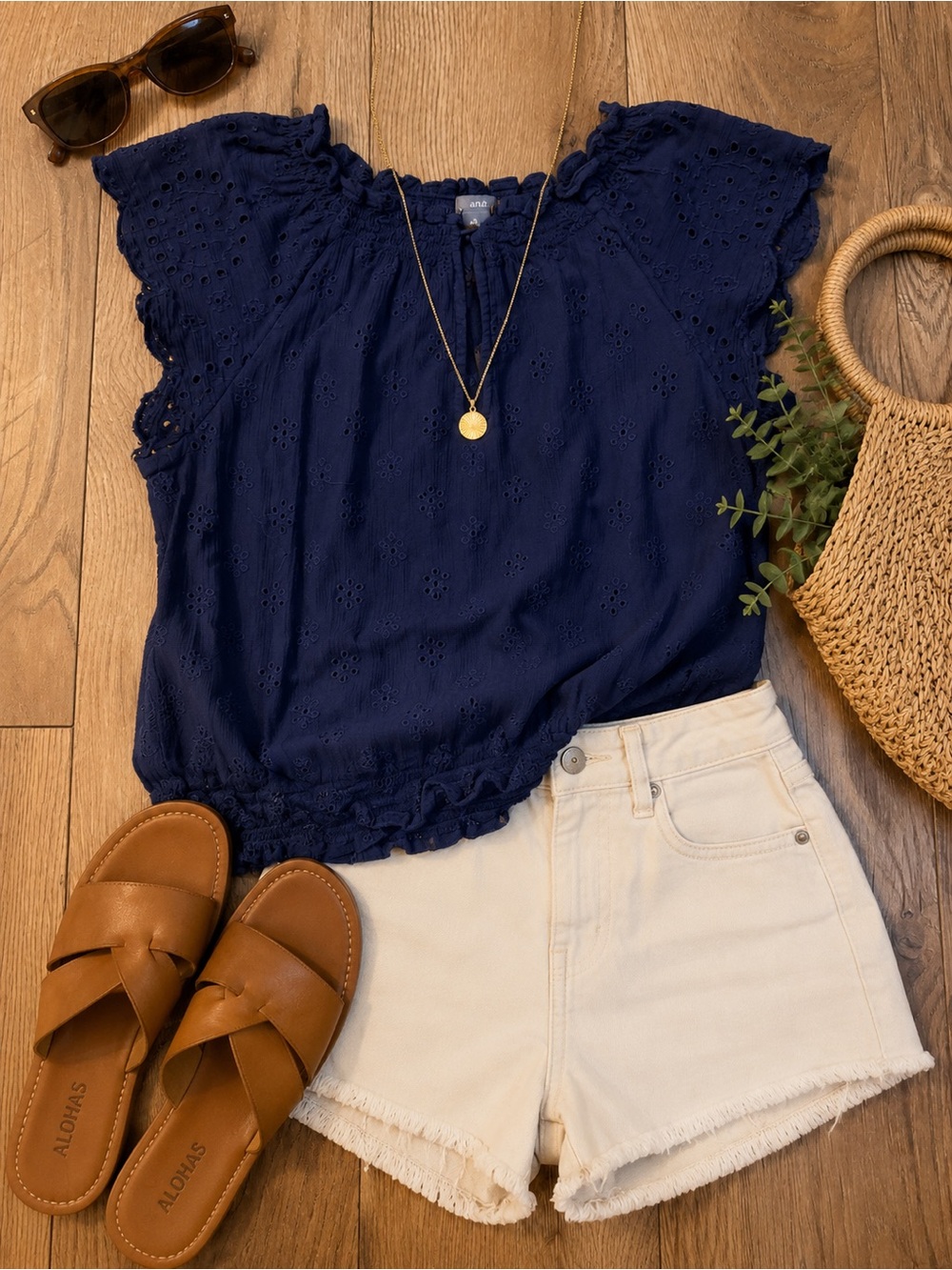 aerie Navy Eyelet Ruffle Sleeve Top